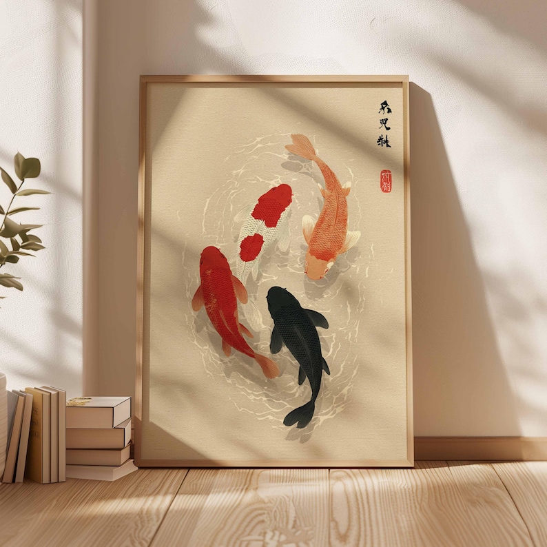 Home Office Japandi - 1pc 일본 잉어 포스터, 미니멀리스트 아시아