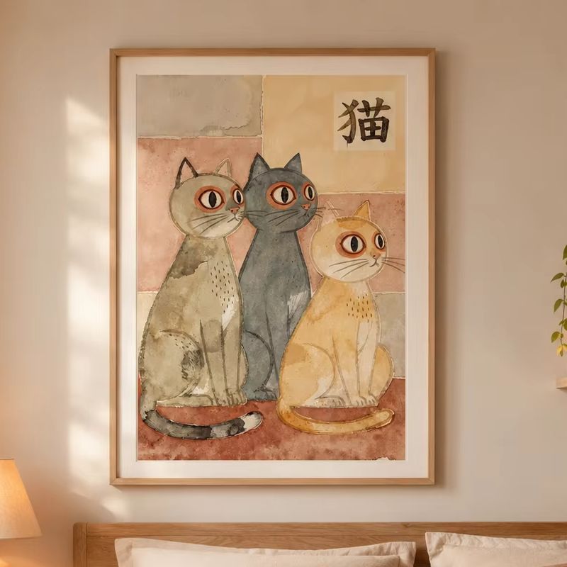 Home Office Japandi - Japandi 고양이 포스터, 캔버스 벽 프린트,