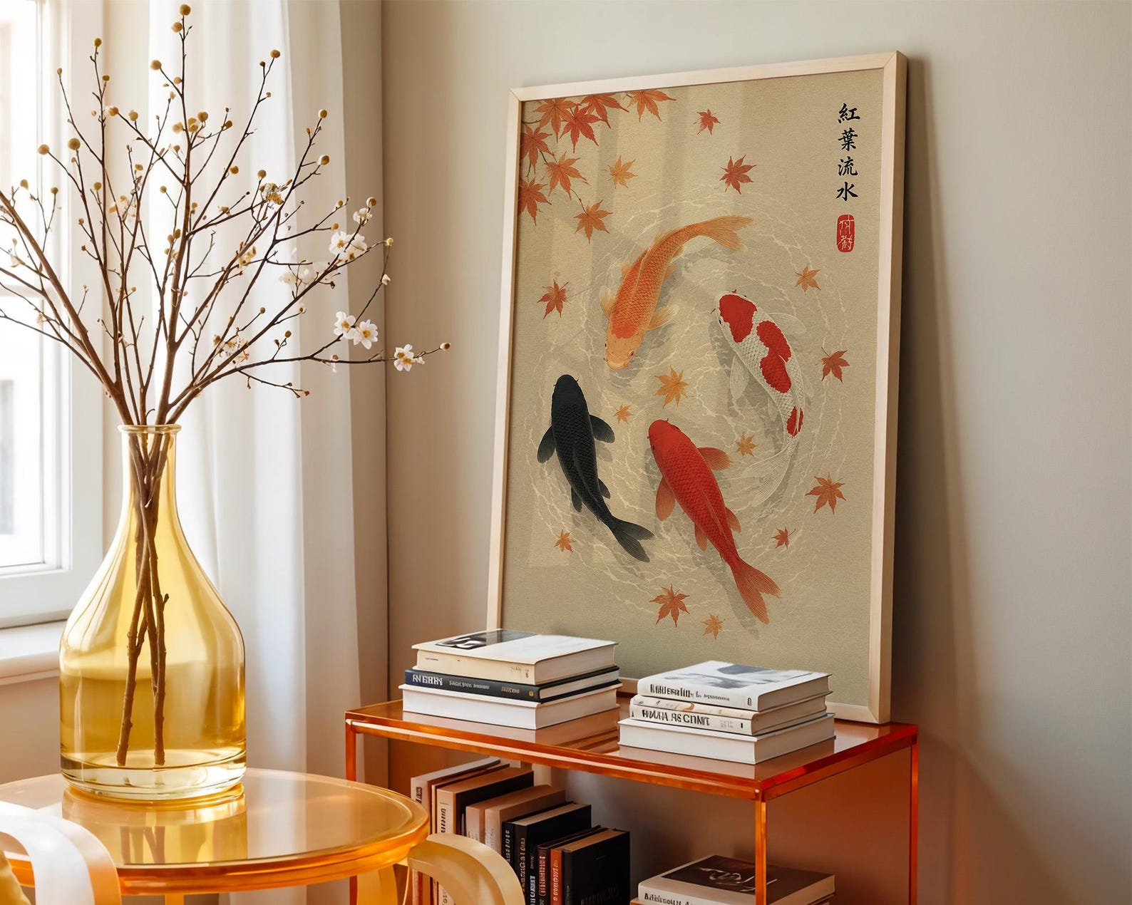 일본의 가을 나뭇잎 잉어 물고기 포스터 프레임 없는 미 - Home Office Japandi 리뷰 및 가격