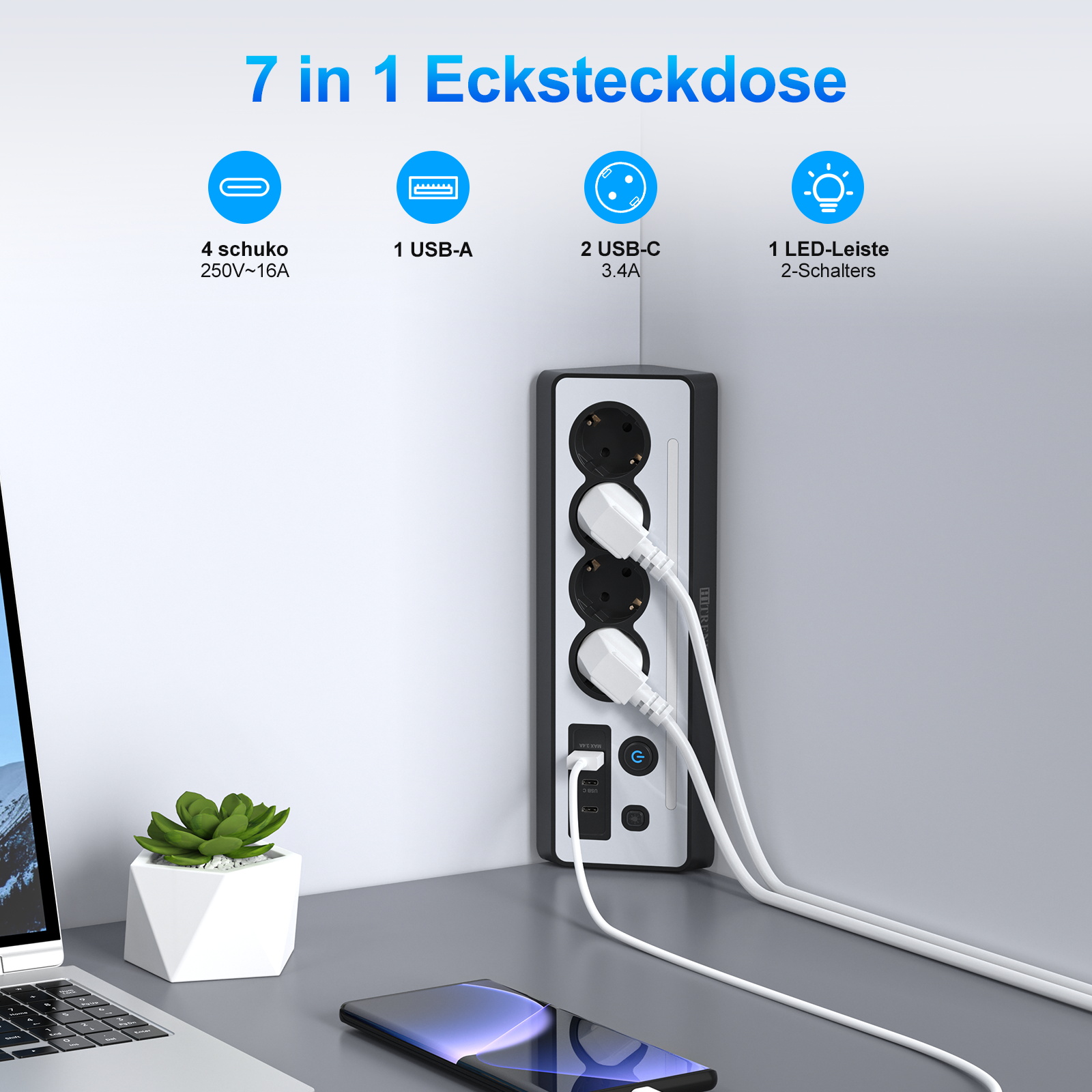 LED 조명이 있는 코너 소켓 EU 플러그 멀티탭, 1 - Power Strip Desk 리뷰 및 가격