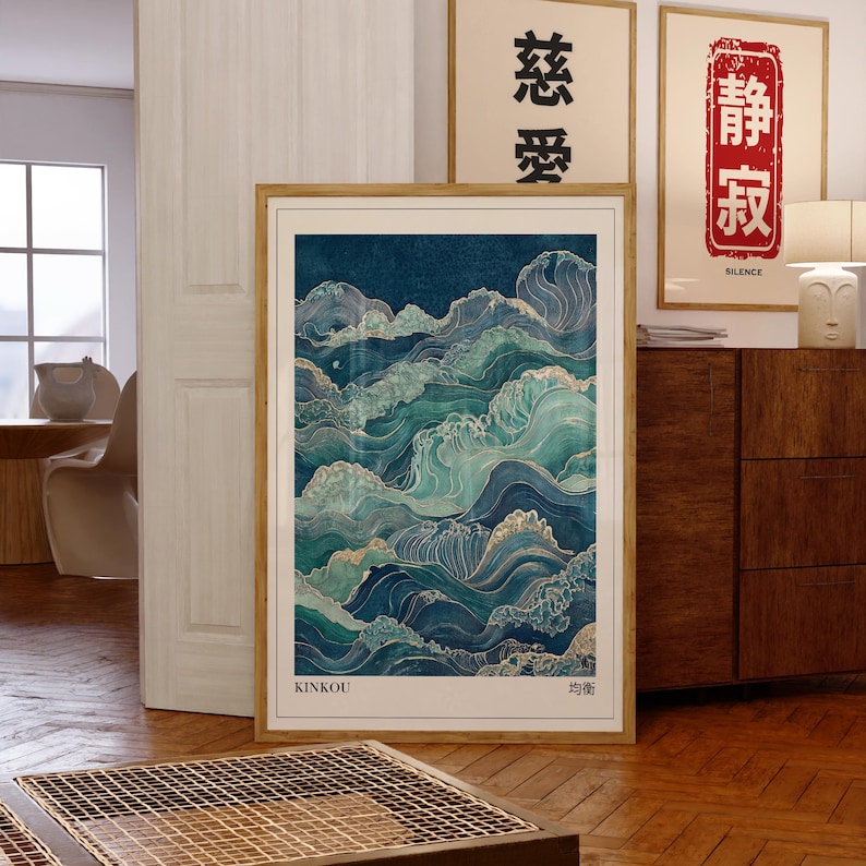 2개의 일본식 세이지 그린 및 블루 웨이브 벽 예술 포 - Home Office Japandi 리뷰 및 가격