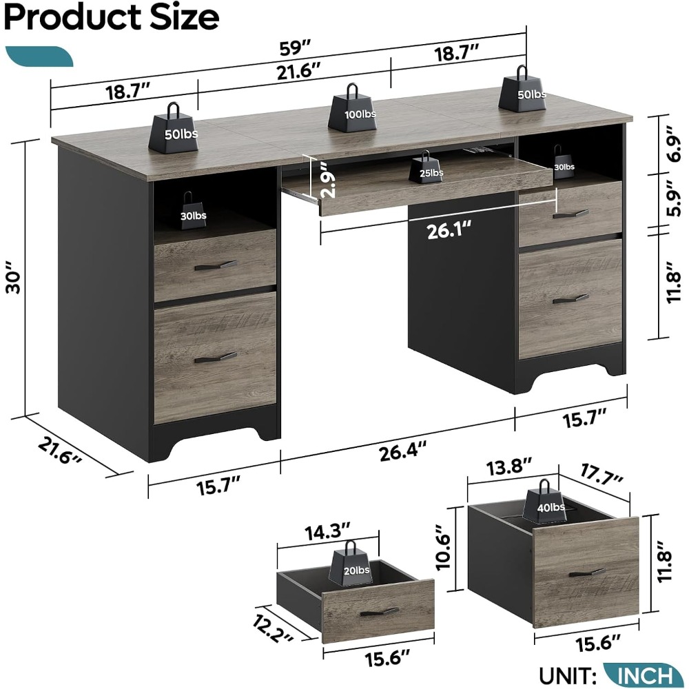 미국 배송 59인치 사무용 책상 4단 서랍 컴퓨터 책상 - Keyboard Tray Under Desk 리뷰 및 가격